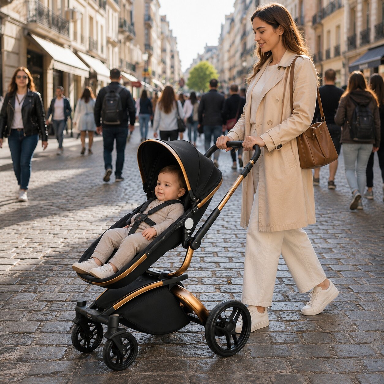 Poussette 3 en 1 ergonomique effet cocon coloris noir maman et bebe souriant promenade rue pavee Paris chassis or Choupinoo