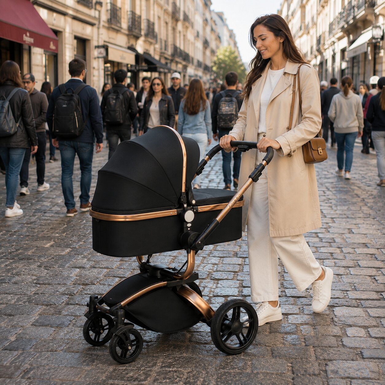 Poussette 3 en 1 ergonomique effet cocon mode nacelle coloris noir promenade rue animee vue de face Choupinoo