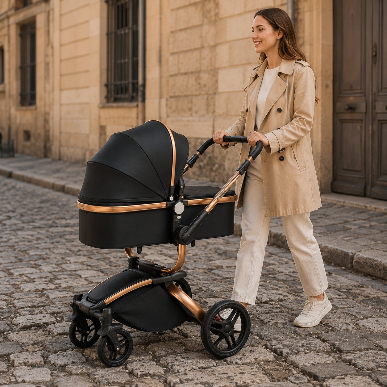 Poussette 3 en 1 ergonomique effet cocon mode nacelle coloris noir promenade rue pavee ambiance parisienne Choupinoo