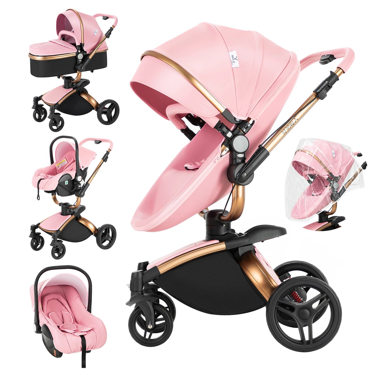Poussette 3 en 1 ergonomique effet cocon coloris rose pack complet nacelle siege auto et habillage pluie Choupinoo
