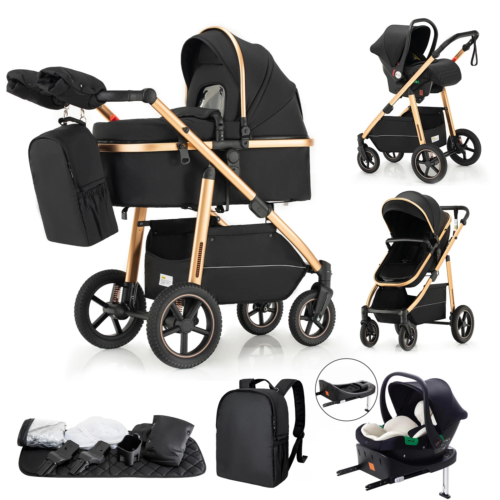 Pack poussette 3 en 1 coloris noir or avec base Isofix : nacelle, siège auto, accessoires et base Isofix incluse - Choupinoo