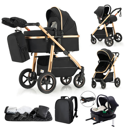 Pack poussette 3 en 1 coloris noir or avec base Isofix : nacelle, siège auto, accessoires et base Isofix incluse - Choupinoo