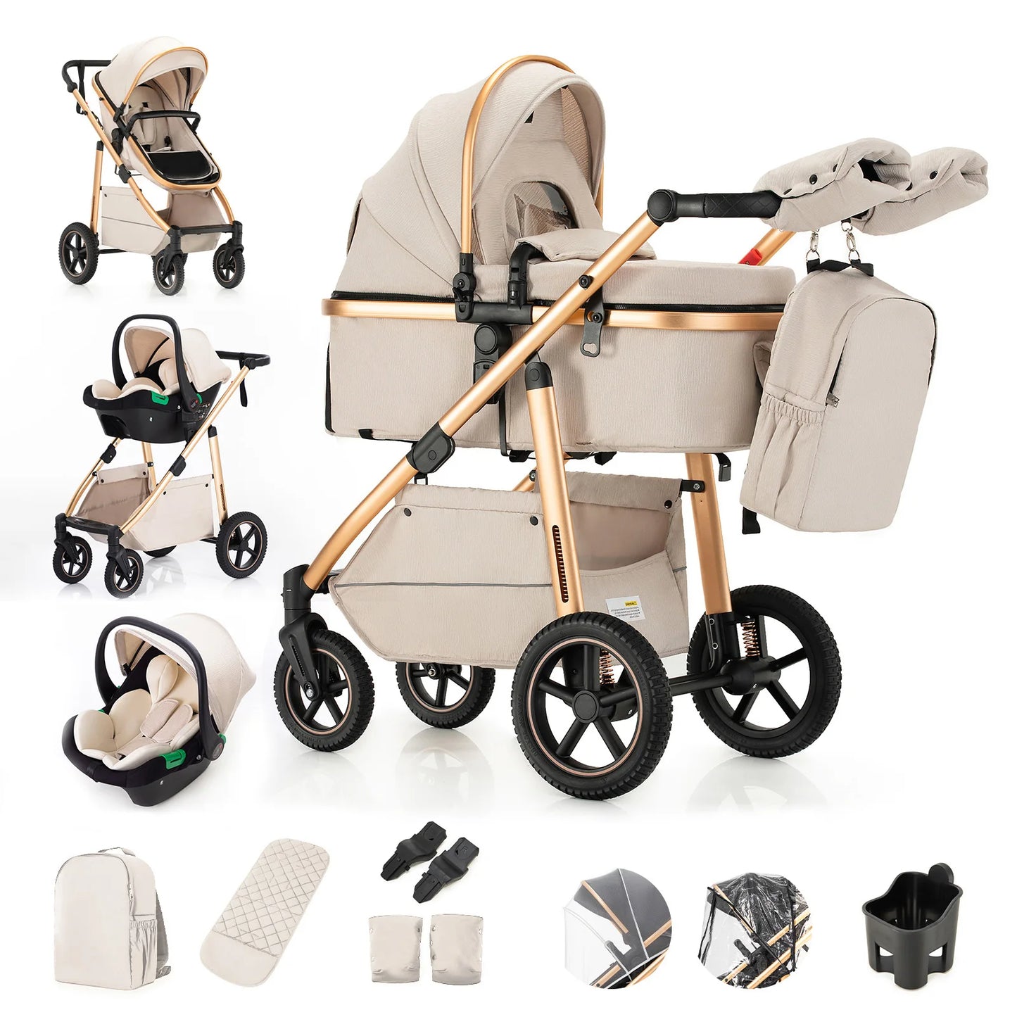 Pack complet poussette 3 en 1 coloris blanc or : nacelle, siège auto et 7 accessoires inclus, châssis aluminium doré - Choupinoo