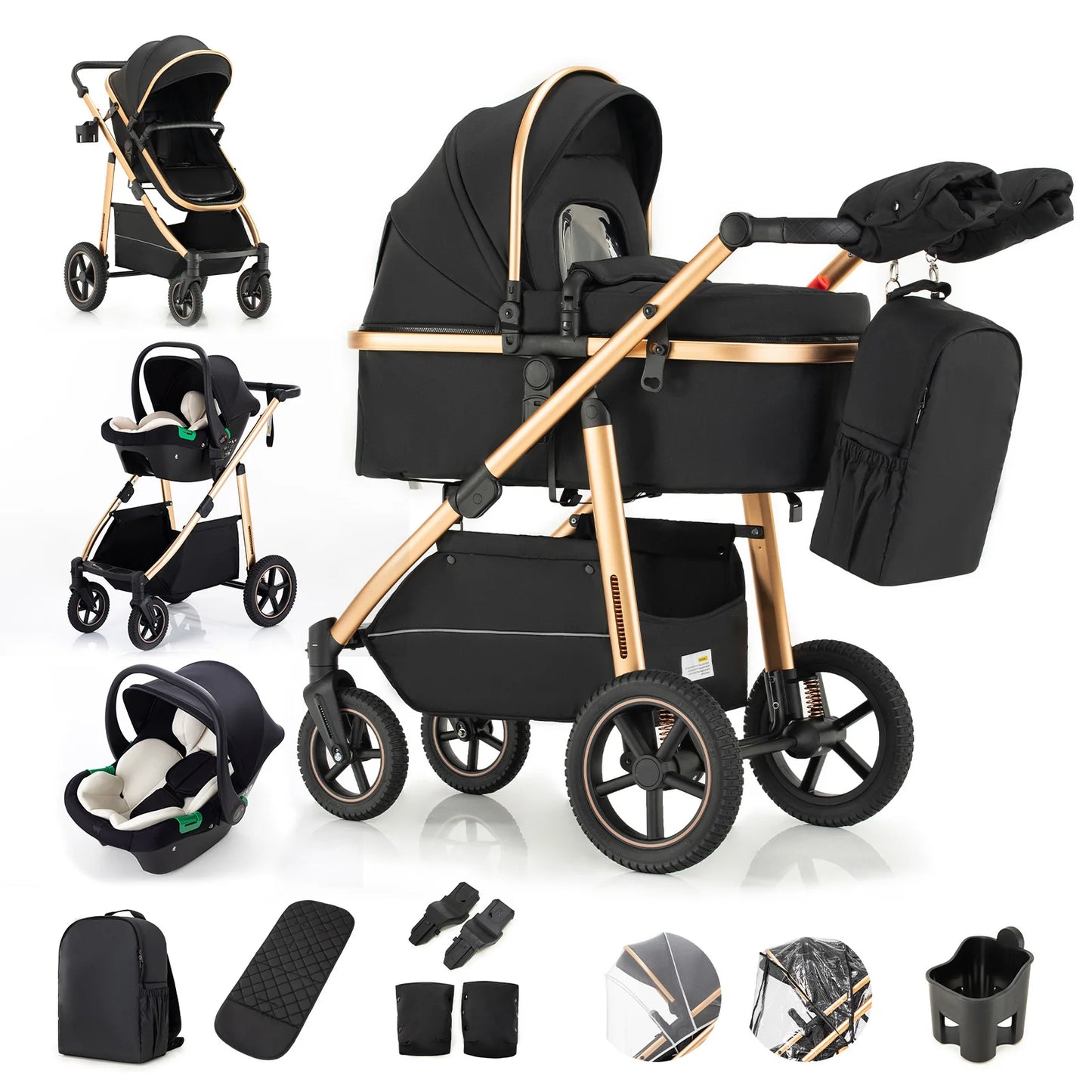 Pack complet poussette 3 en 1 coloris noir or : nacelle, siège auto et 7 accessoires inclus, châssis aluminium doré - Choupinoo