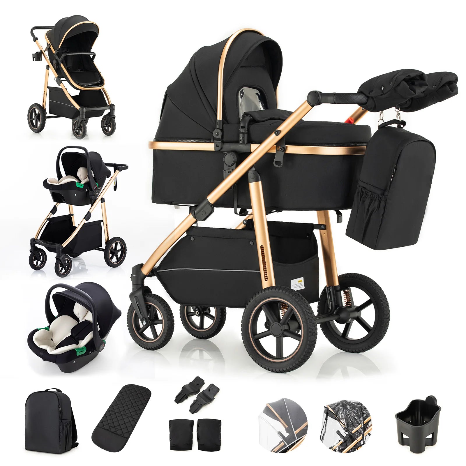 Pack complet poussette 3 en 1 coloris noir or : nacelle, siège auto et 7 accessoires inclus, châssis aluminium doré - Choupinoo