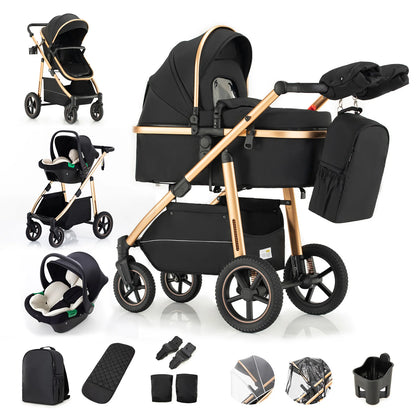 Pack complet poussette 3 en 1 coloris noir or : nacelle, siège auto et 7 accessoires inclus, châssis aluminium doré - Choupinoo