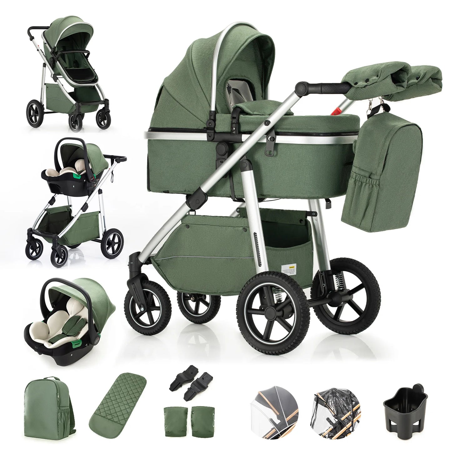 Pack complet poussette 3 en 1 coloris vert : nacelle, siège auto et 7 accessoires inclus, châssis aluminium argenté - Choupinoo