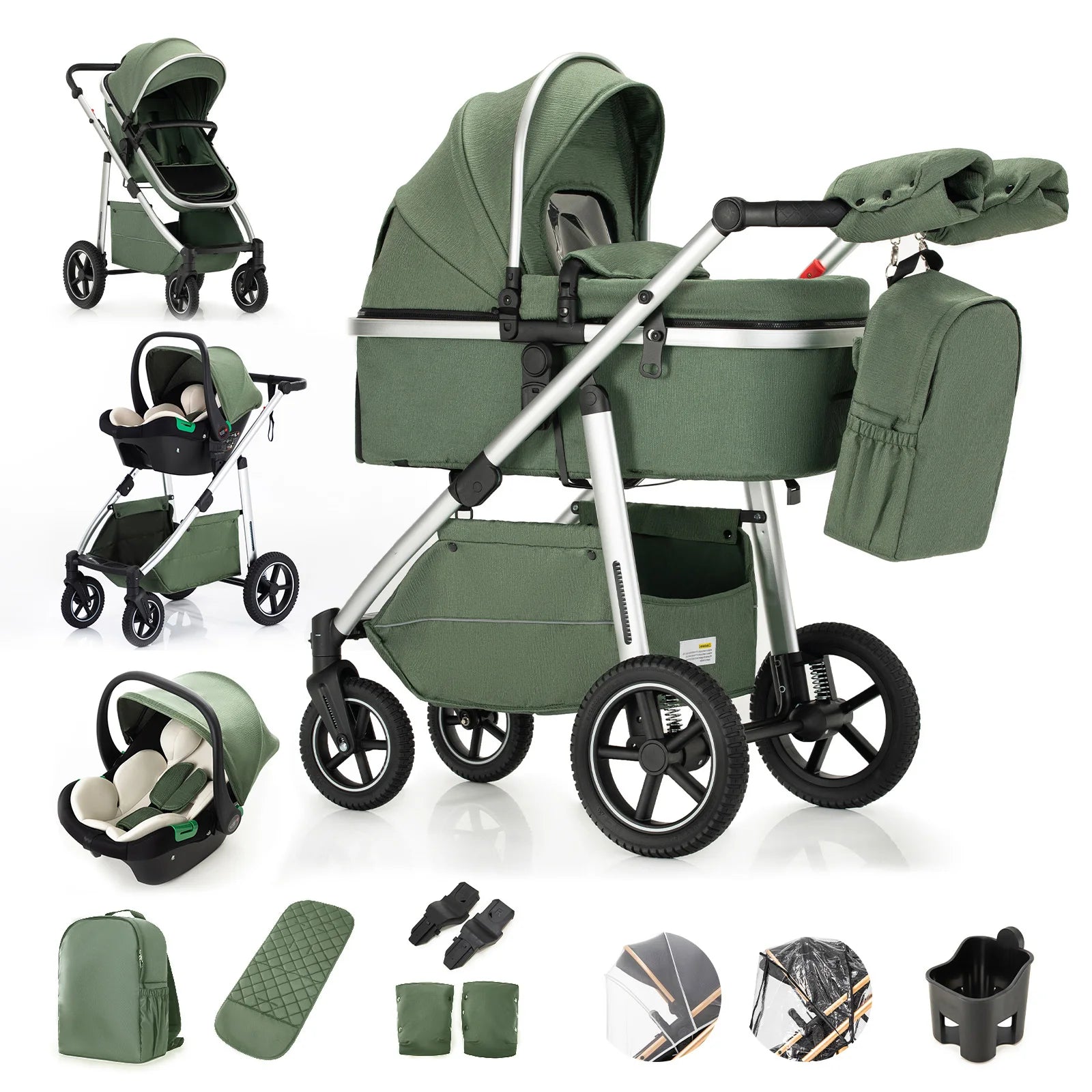Pack complet poussette 3 en 1 coloris vert : nacelle, siège auto et 7 accessoires inclus, châssis aluminium argenté - Choupinoo