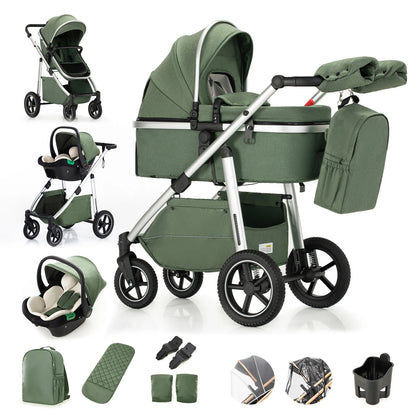 Pack complet poussette 3 en 1 coloris vert : nacelle, siège auto et 7 accessoires inclus, châssis aluminium argenté - Choupinoo