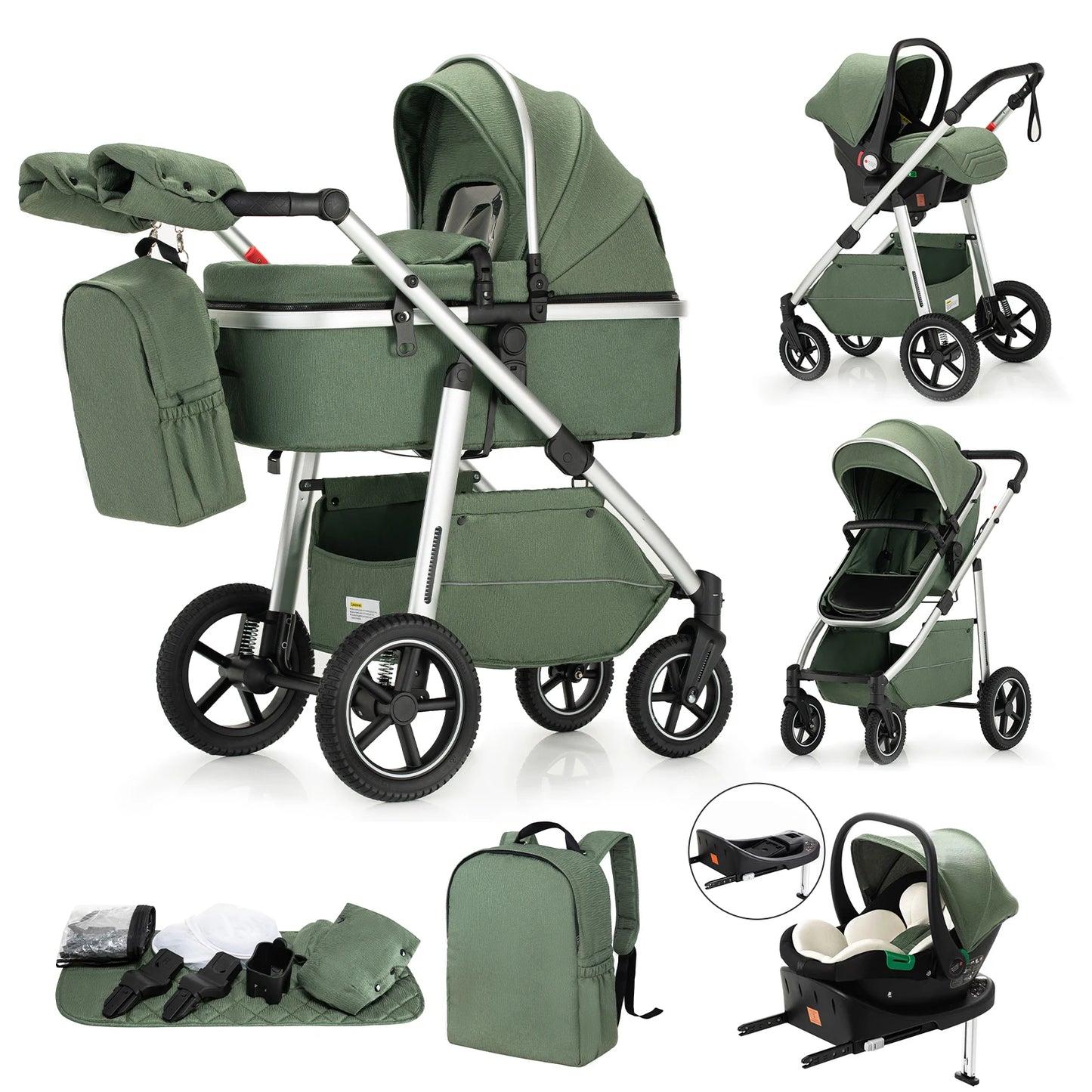Pack poussette 3 en 1 coloris vert avec base Isofix : nacelle, siège auto, accessoires et base Isofix incluse - Choupinoo