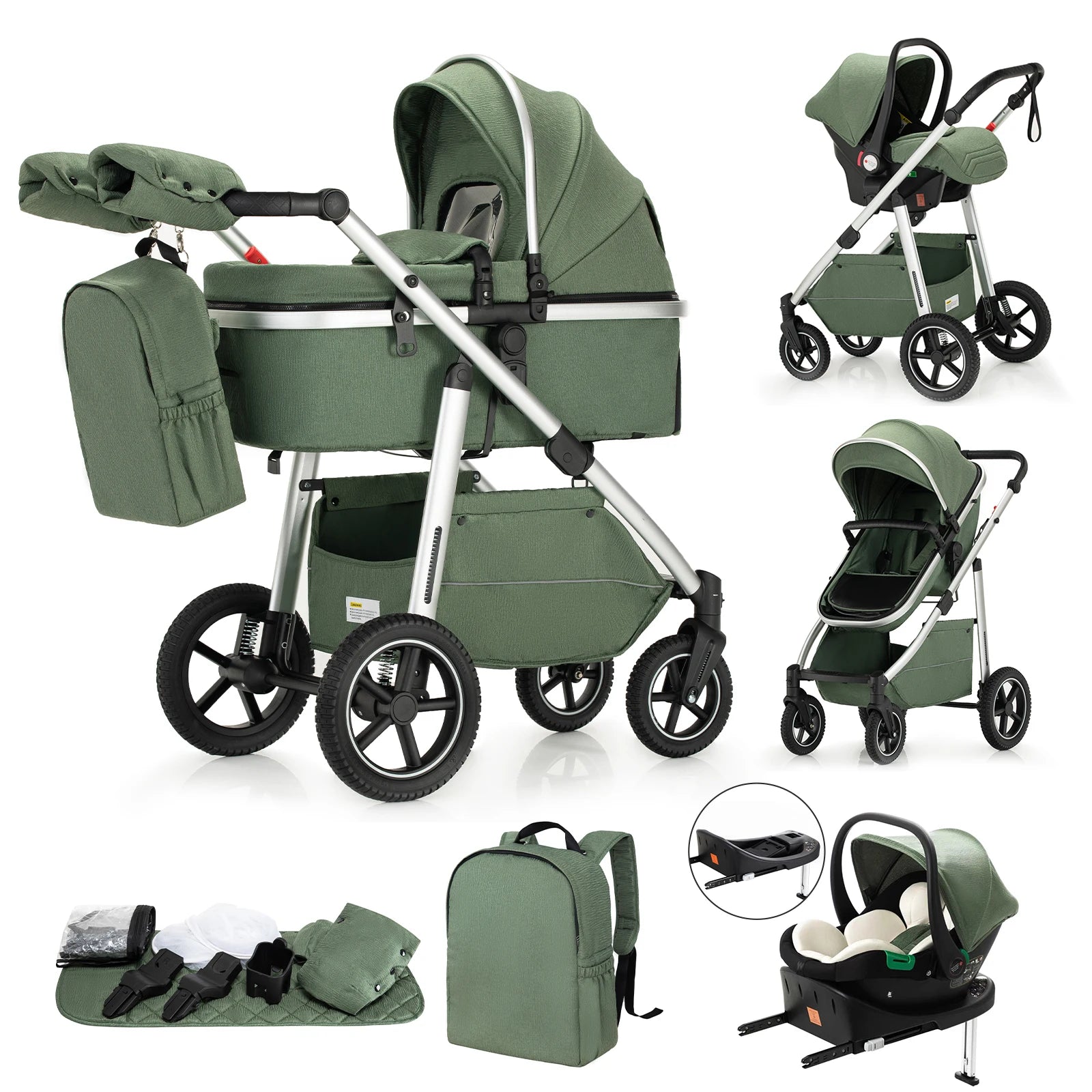 Pack poussette 3 en 1 coloris vert avec base Isofix : nacelle, siège auto, accessoires et base Isofix incluse - Choupinoo