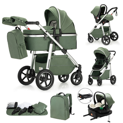 Pack poussette 3 en 1 coloris vert avec base Isofix : nacelle, siège auto, accessoires et base Isofix incluse - Choupinoo