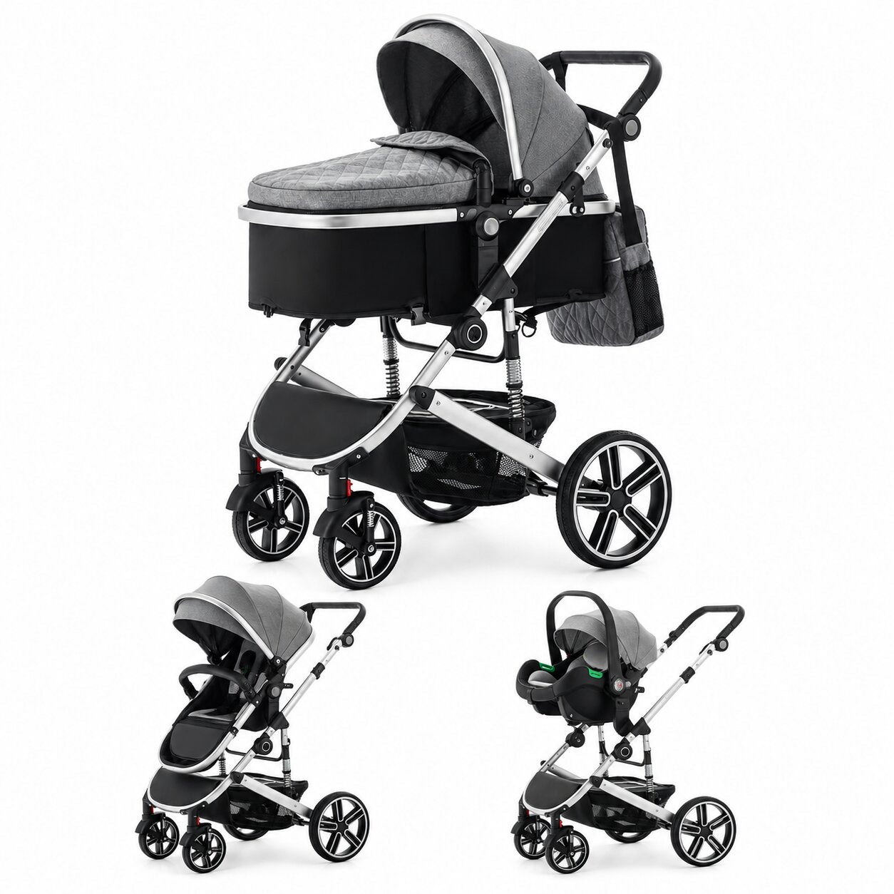 Poussette 3 en 1 avec siege auto et nacelle evolutive coloris gris, 3 configurations nacelle, assise et siege auto sur fond blanc - Choupinoo