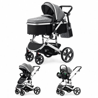 Poussette 3 en 1 avec siege auto et nacelle evolutive coloris gris, 3 configurations nacelle, assise et siege auto sur fond blanc - Choupinoo