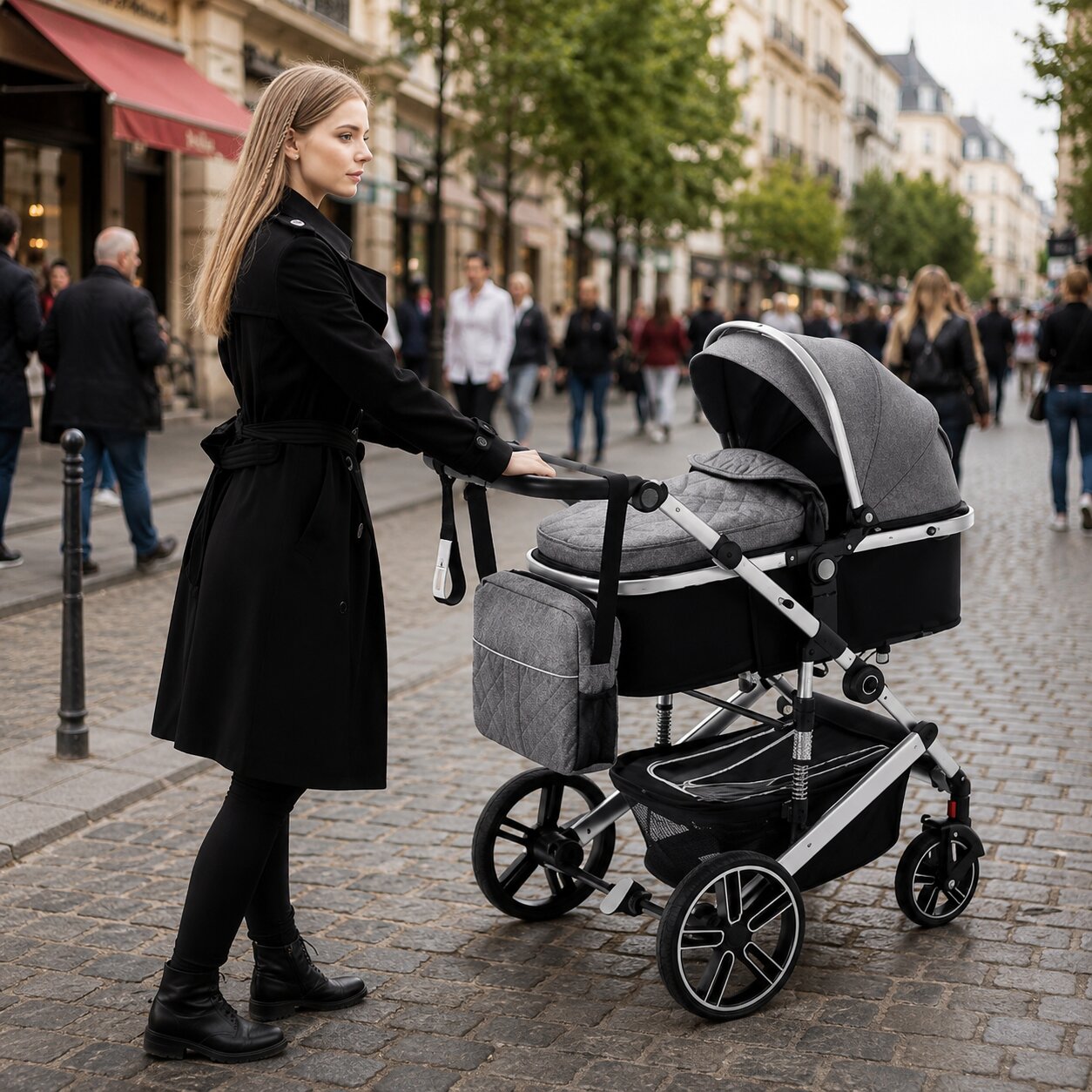 Mere promenant bebe en nacelle grise sur paves parisiens avec sac a langer, poussette 3 en 1 avec siege auto et nacelle evolutive coloris gris - Choupinoo