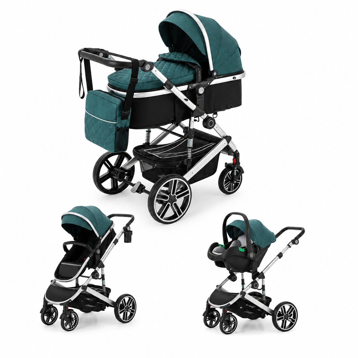 Poussette 3 en 1 avec siege auto et nacelle evolutive coloris vert, 3 configurations nacelle, assise et siege auto sur fond blanc - Choupinoo