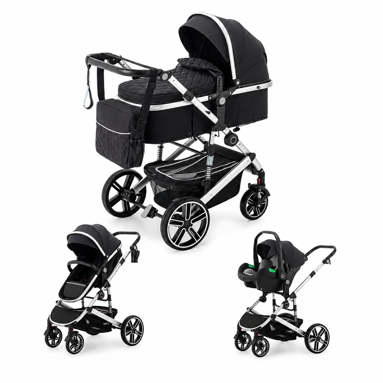 Poussette 3 en 1 avec siege auto et nacelle evolutive coloris noir, 3 configurations nacelle, assise et siege auto sur fond blanc - Choupinoo