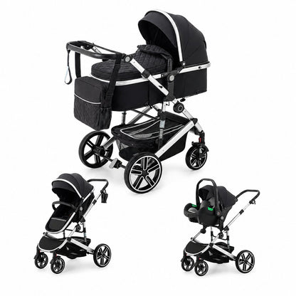 Poussette 3 en 1 avec siege auto et nacelle evolutive coloris noir, 3 configurations nacelle, assise et siege auto sur fond blanc - Choupinoo