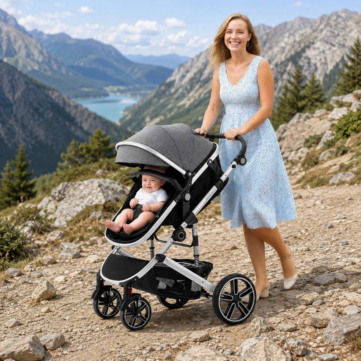 Mere promenant bebe en position assise face route sur chemin de montagne, poussette 3 en 1 avec siege auto et nacelle evolutive coloris gris - Choupinoo