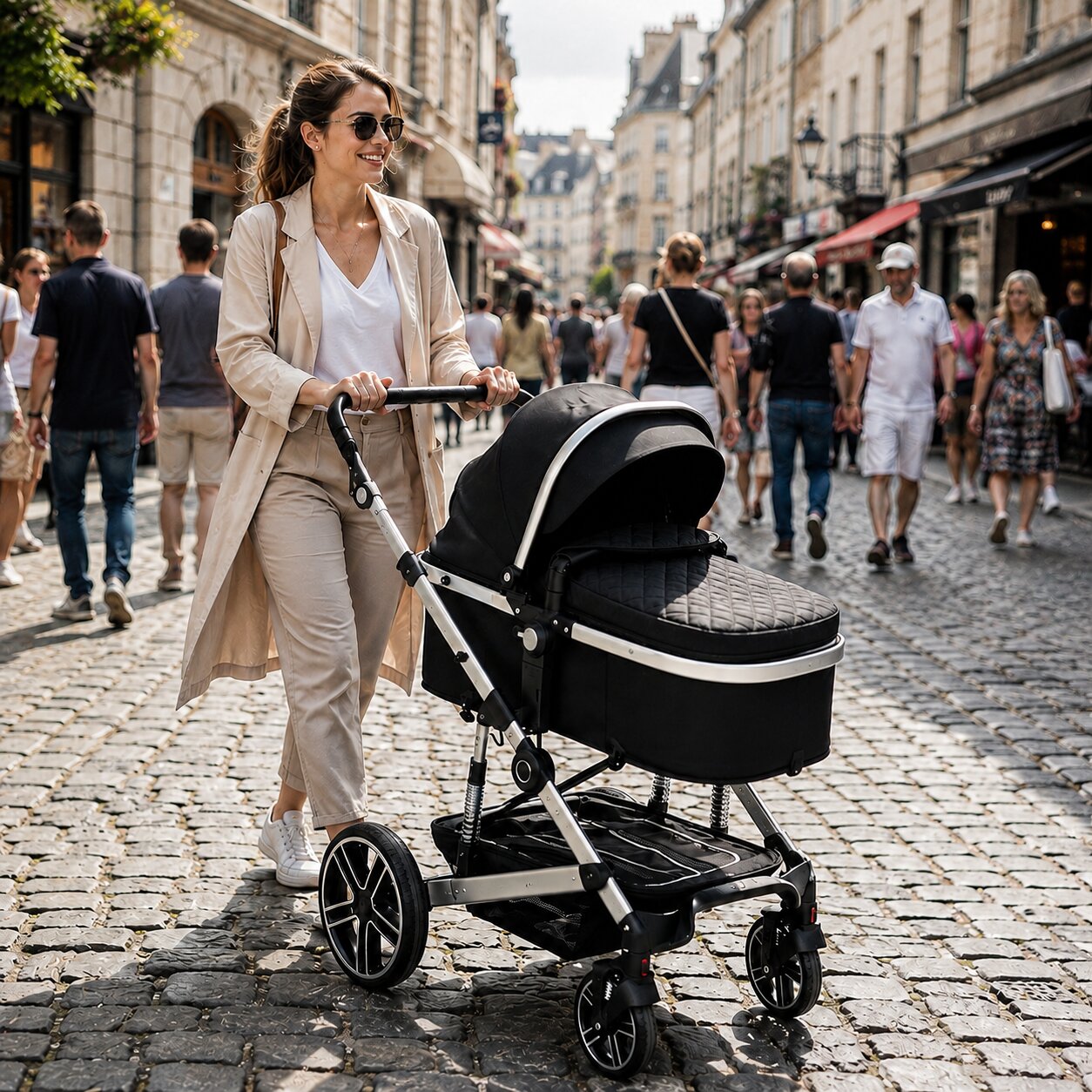 Mere promenant bebe en nacelle noire sur paves parisiens, poussette 3 en 1 avec siege auto et nacelle evolutive - Choupinoo