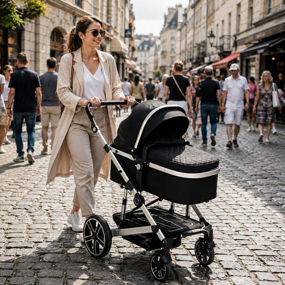 Mere promenant bebe en nacelle noire sur paves parisiens, poussette 3 en 1 avec siege auto et nacelle evolutive - Choupinoo