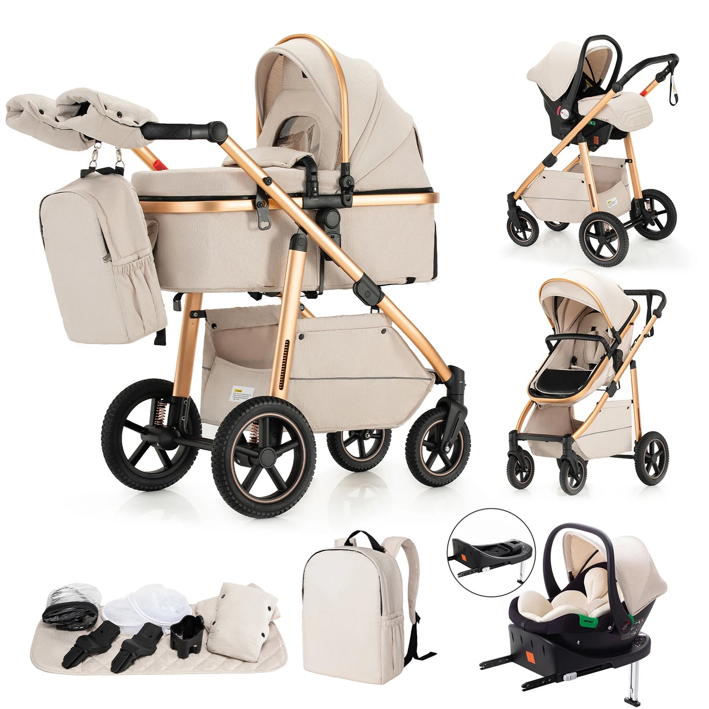 Pack poussette 3 en 1 coloris blanc or avec base Isofix : nacelle, siège auto, accessoires et base Isofix incluse - Choupinoo