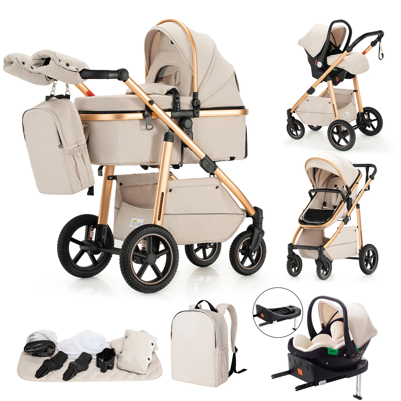 Pack poussette 3 en 1 coloris blanc or avec base Isofix : nacelle, siège auto, accessoires et base Isofix incluse - Choupinoo