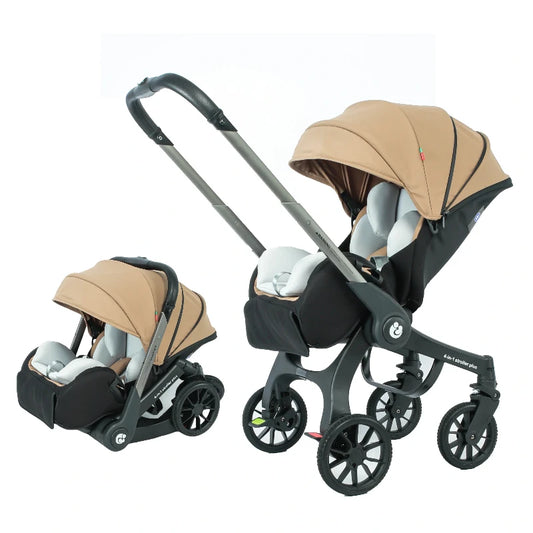 Poussette 4 en 1 Plus coloris beige avec siège auto détachable posé au sol, système duo poussette et cosy nouveau-né, châssis noir mat - Choupinoo
