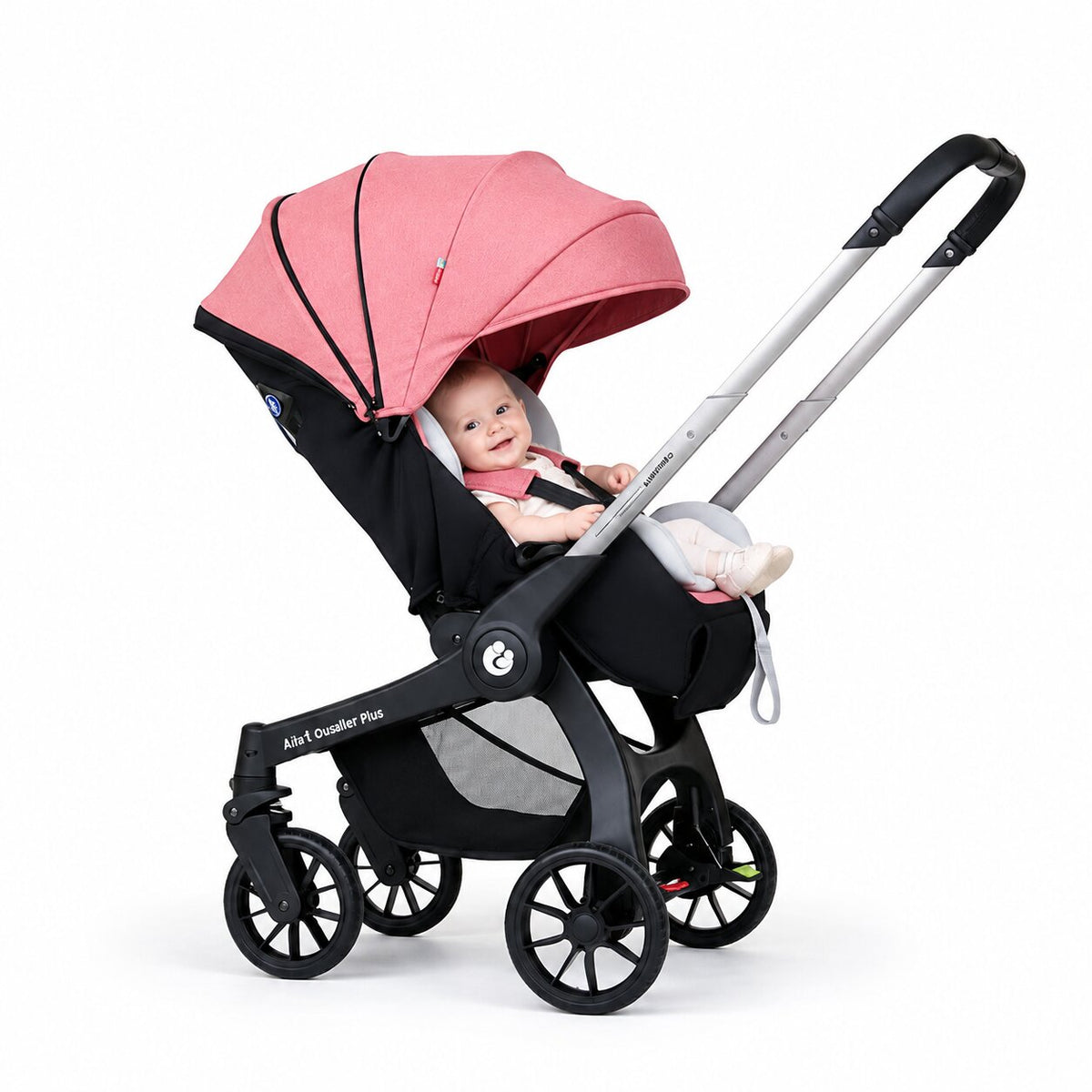 Poussette 4 en 1 Plus coloris rose saumon vue latérale gauche, châssis gris argenté, capote rose étendue, réducteur nouveau-né intégré, roues tout-terrain - Choupinoo