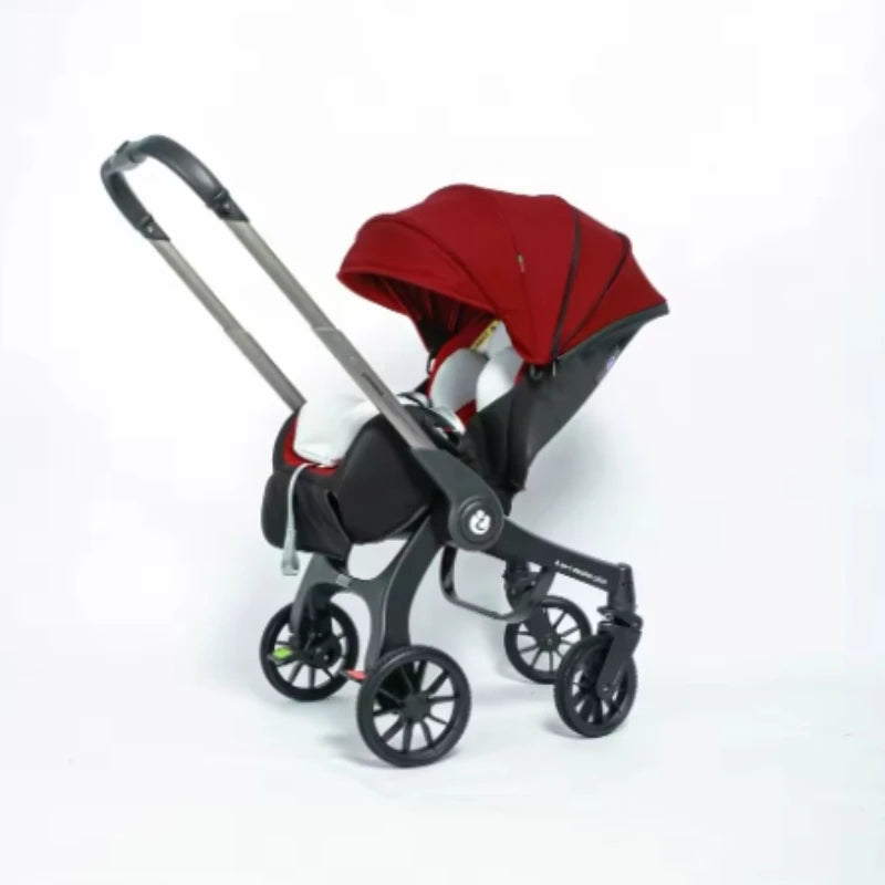 Poussette 4 en 1 avec siège auto intégré coloris rouge, vue arrière trois quarts, châssis gris anthracite - Choupinoo
