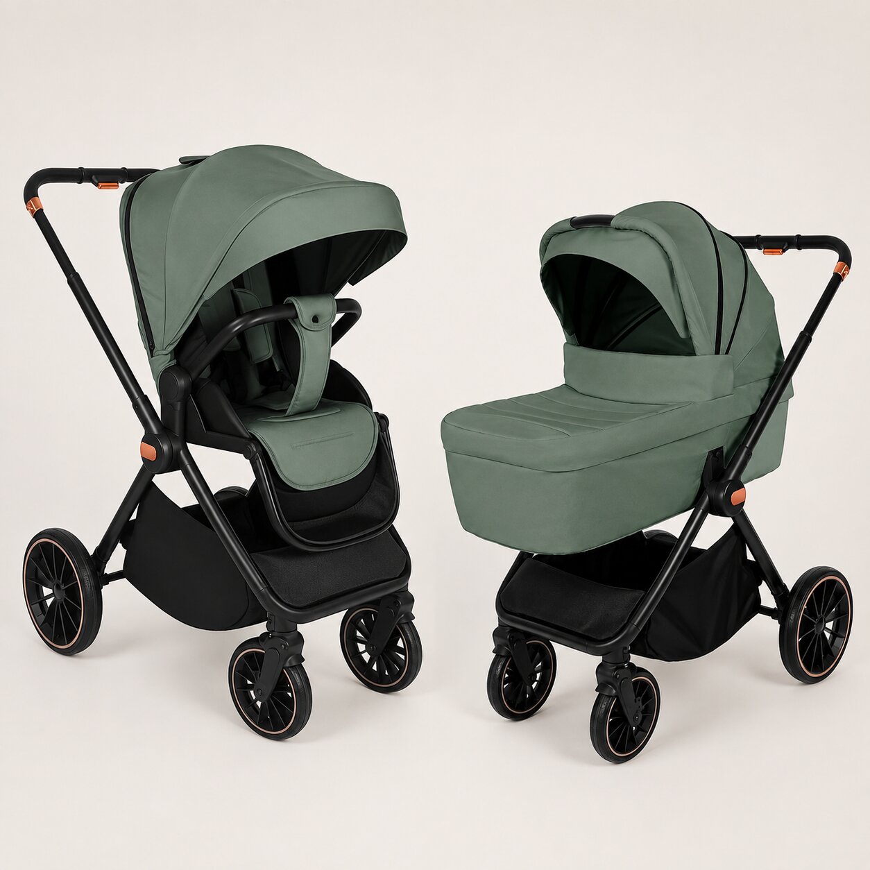 Poussette BabyVoyage 4-en-1 coloris vert kaki, vue des deux configurations siege et nacelle sur fond blanc - Choupinoo
