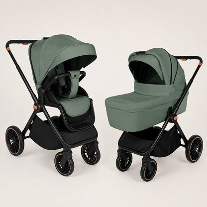 Poussette BabyVoyage 4-en-1 coloris vert kaki, vue des deux configurations siege et nacelle sur fond blanc - Choupinoo
