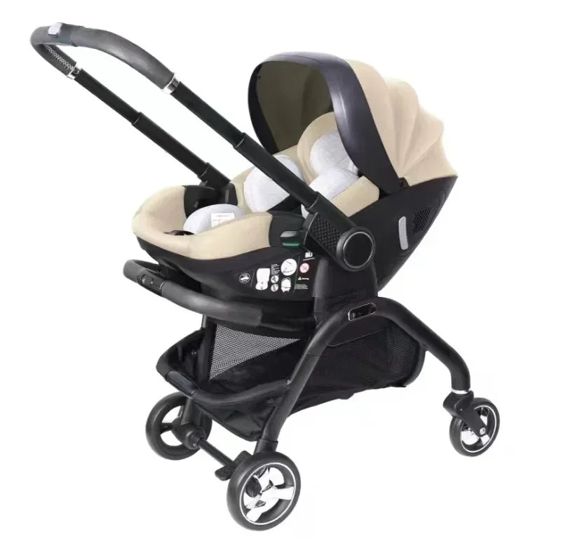 Poussette bébé 3 en 1 coloris beige avec siège auto – vue 3/4 fond blanc