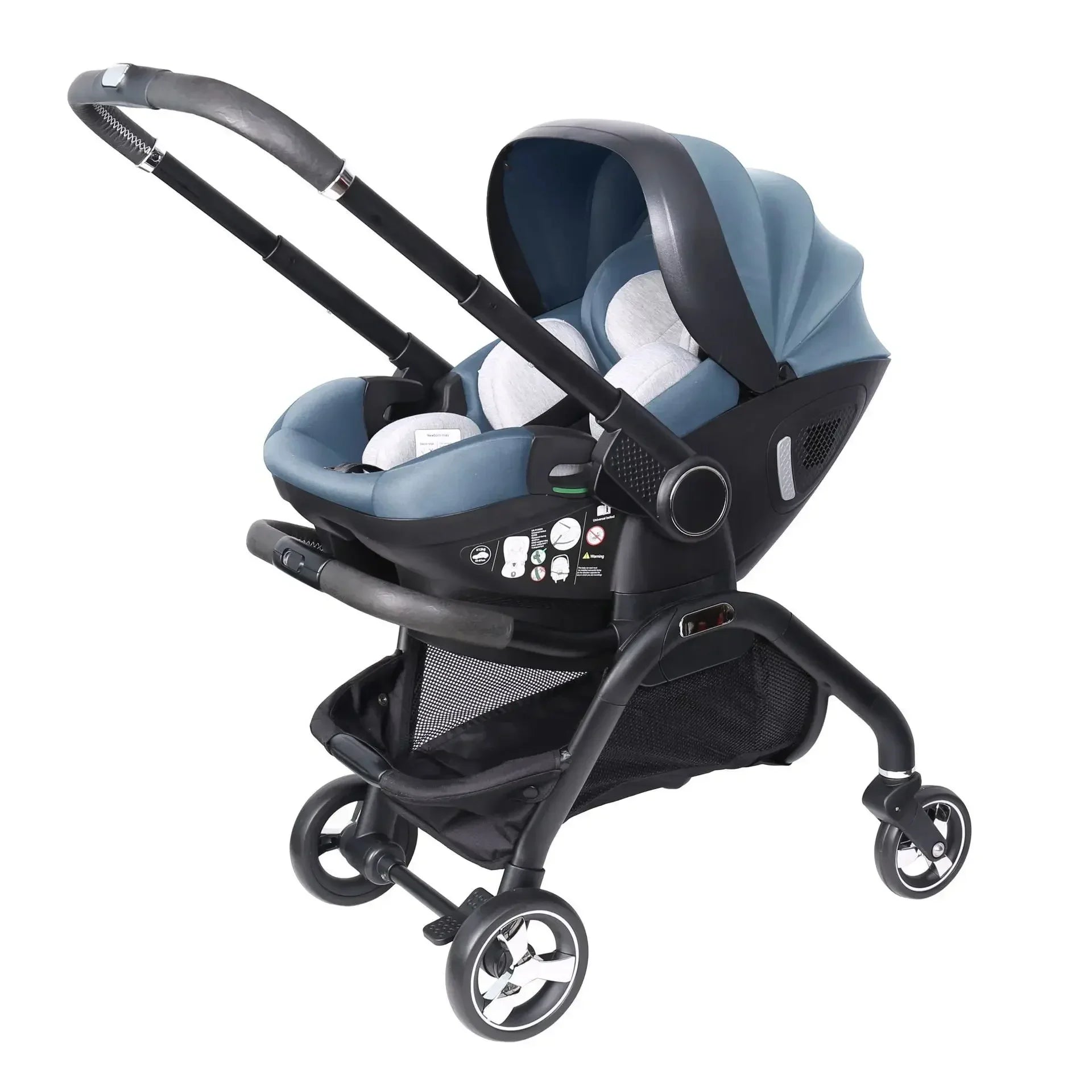 Poussette bébé 3 en 1 coloris bleu pétrole avec siège auto – châssis noir vue 3/4