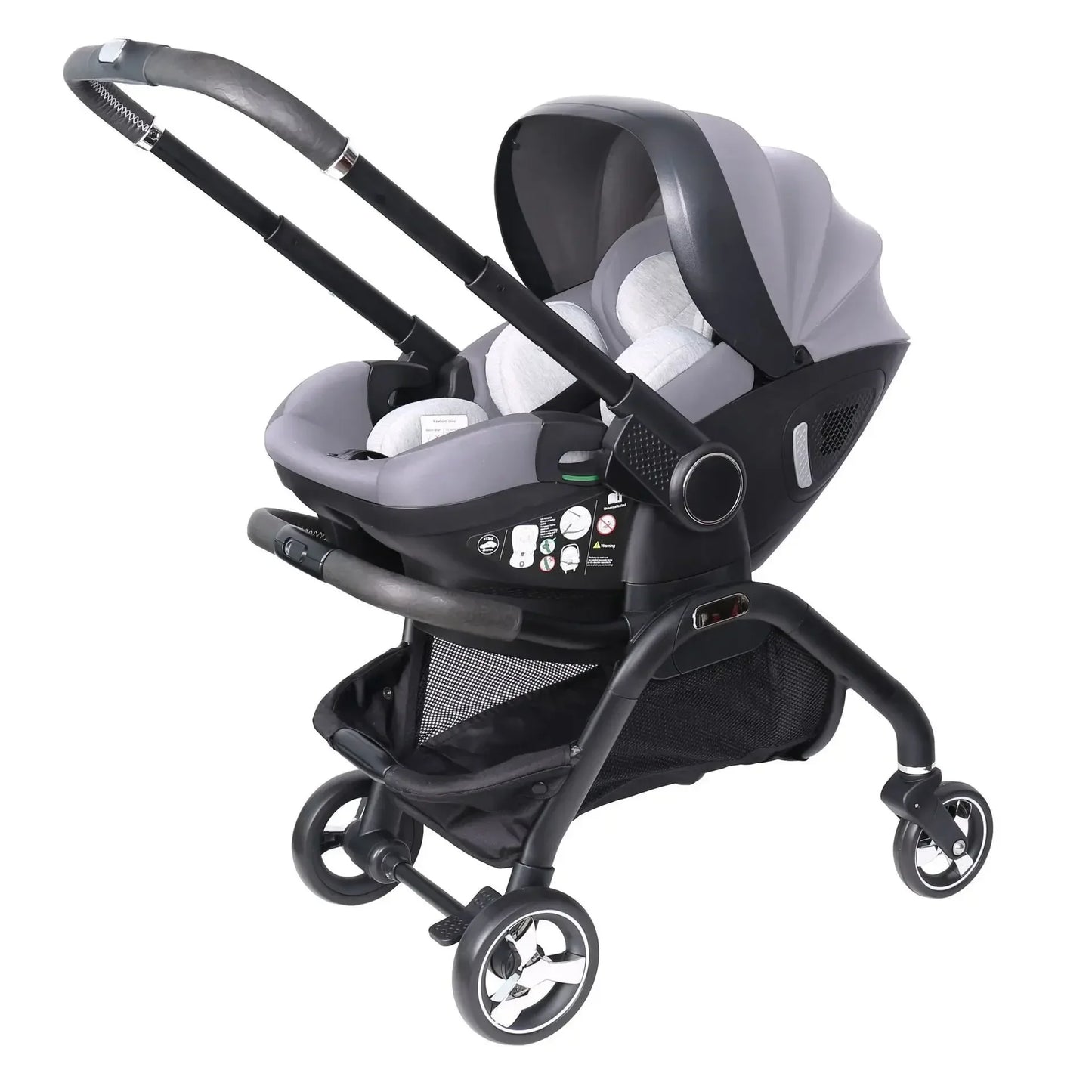Poussette bébé 3 en 1 coloris gris clair avec siège auto – châssis noir vue 3/4 fond blanc