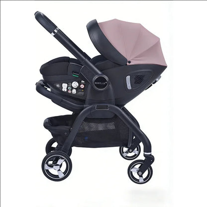 Poussette bébé 3 en 1 coloris rose poudré vue de côté – châssis noir et roues chromées