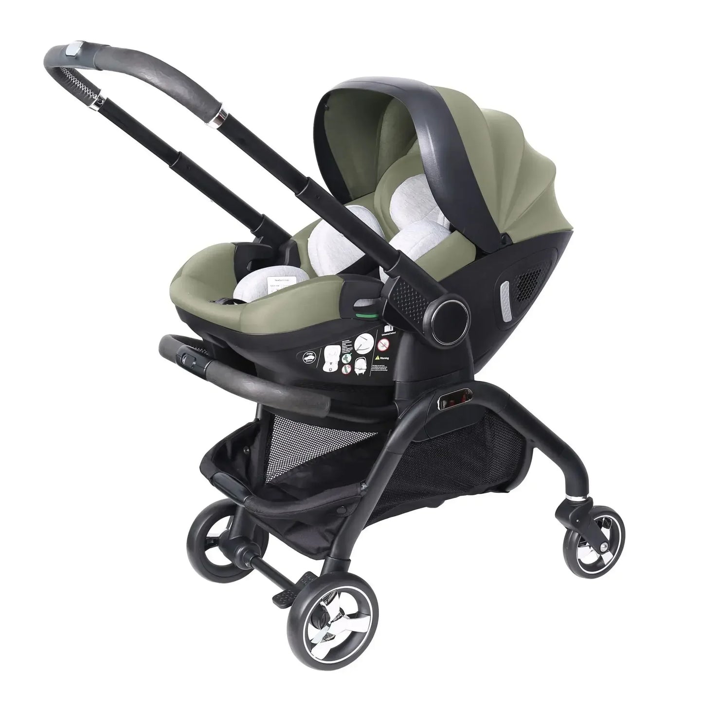 Poussette bébé 3 en 1 coloris vert kaki avec siège auto – châssis noir vue 3/4