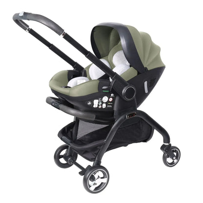 Poussette bébé 3 en 1 coloris vert kaki avec siège auto – châssis noir vue 3/4