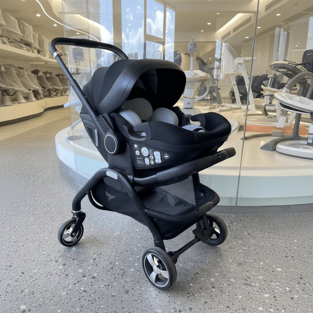 Poussette bébé 3 en 1 avec siège auto intégré vue 3/4 – châssis noir compact dès la naissance