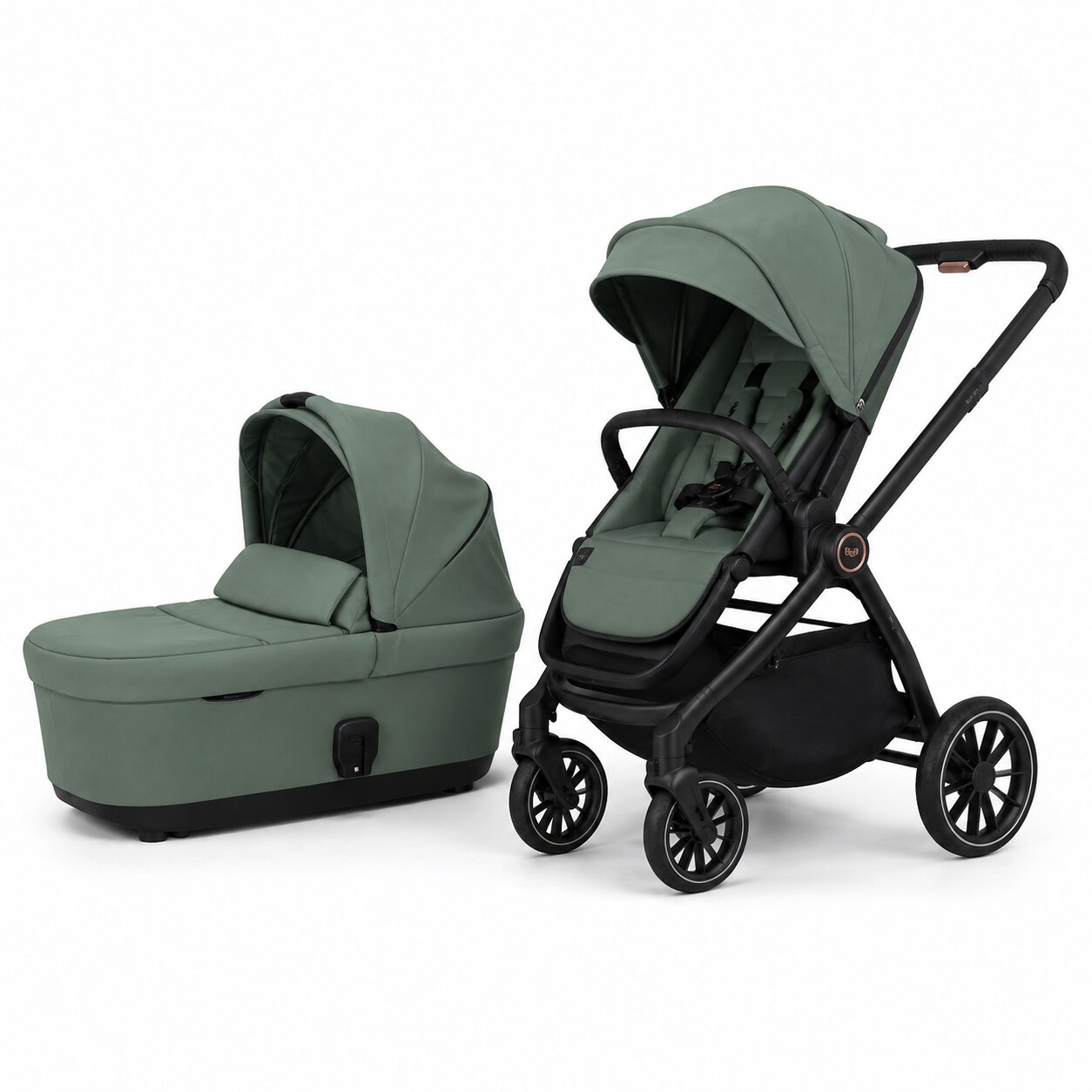 Poussette bébé haute qualité BabyVoyage 2-en-1 coloris vert kaki avec nacelle, vue trois quarts avant sur fond blanc - Choupinoo
