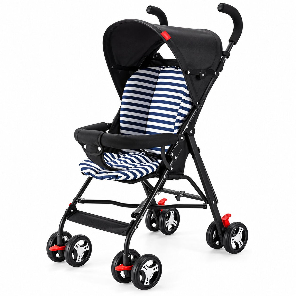 Poussette canne légère noire avec assise rayée bleu et blanche sur fond blanc