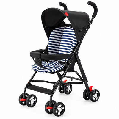 Poussette canne légère noire avec assise rayée bleu et blanche sur fond blanc