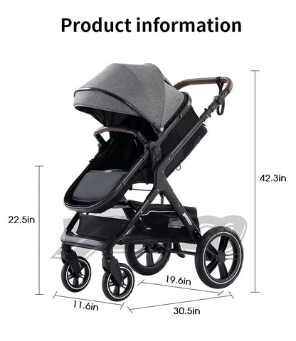 Poussette 3-en-1 coloris gris, dimensions produit vue laterale, siege en position assise - Choupinoo