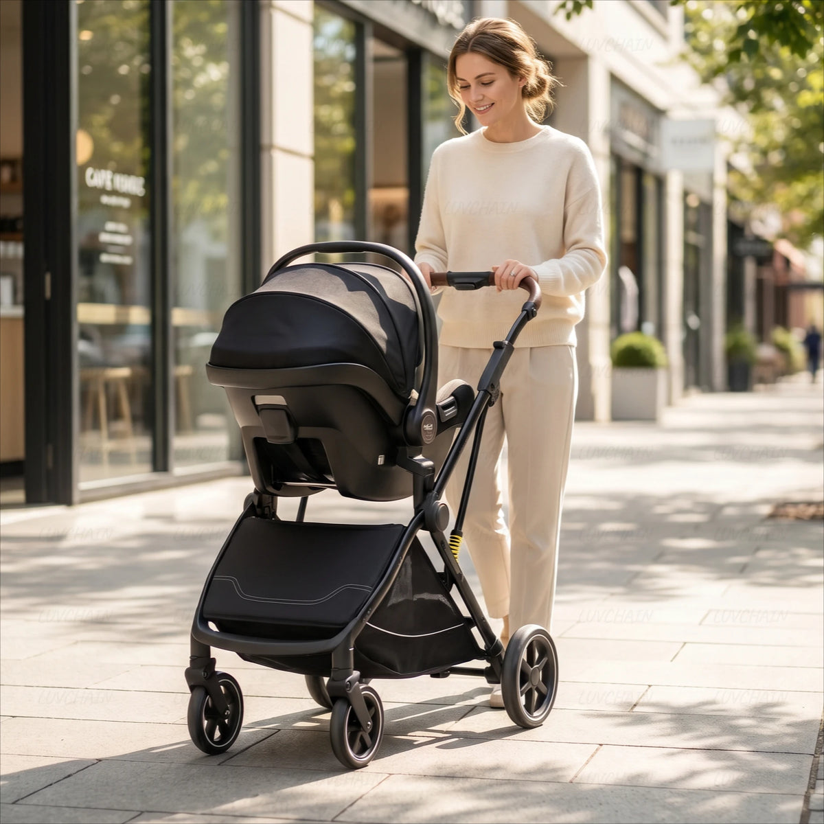 Poussette 2-en-1 Avec Siège Auto et Châssis Haute Vue