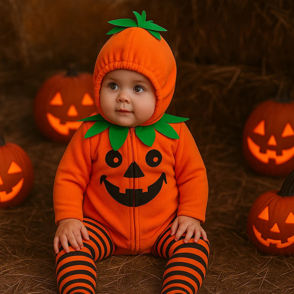 bébé déguisé en citrouille pour Halloween – barboteuse orange à capuche