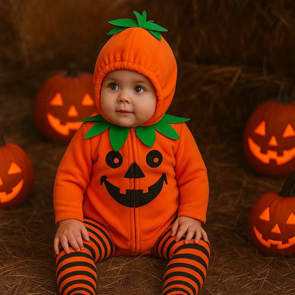 bébé déguisé en citrouille pour Halloween – barboteuse orange à capuche