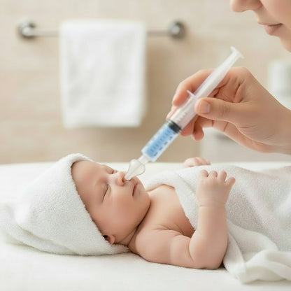 Maman utilisant une seringue nasale bébé transparente après le bain, embout silicone introduit dans la narine du nourrisson - Choupinoo