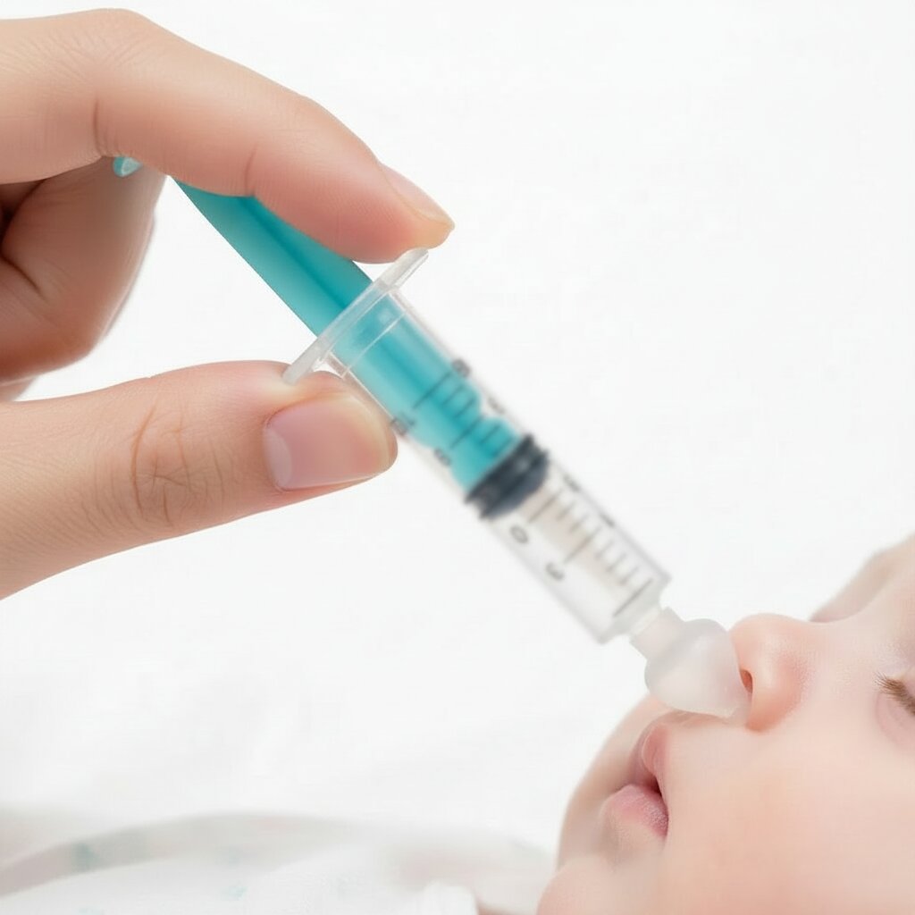Gros plan d'une main tenant une seringue nasale bébé bleue en prise professionnelle, embout transparent dans la narine du bébé - Choupinoo