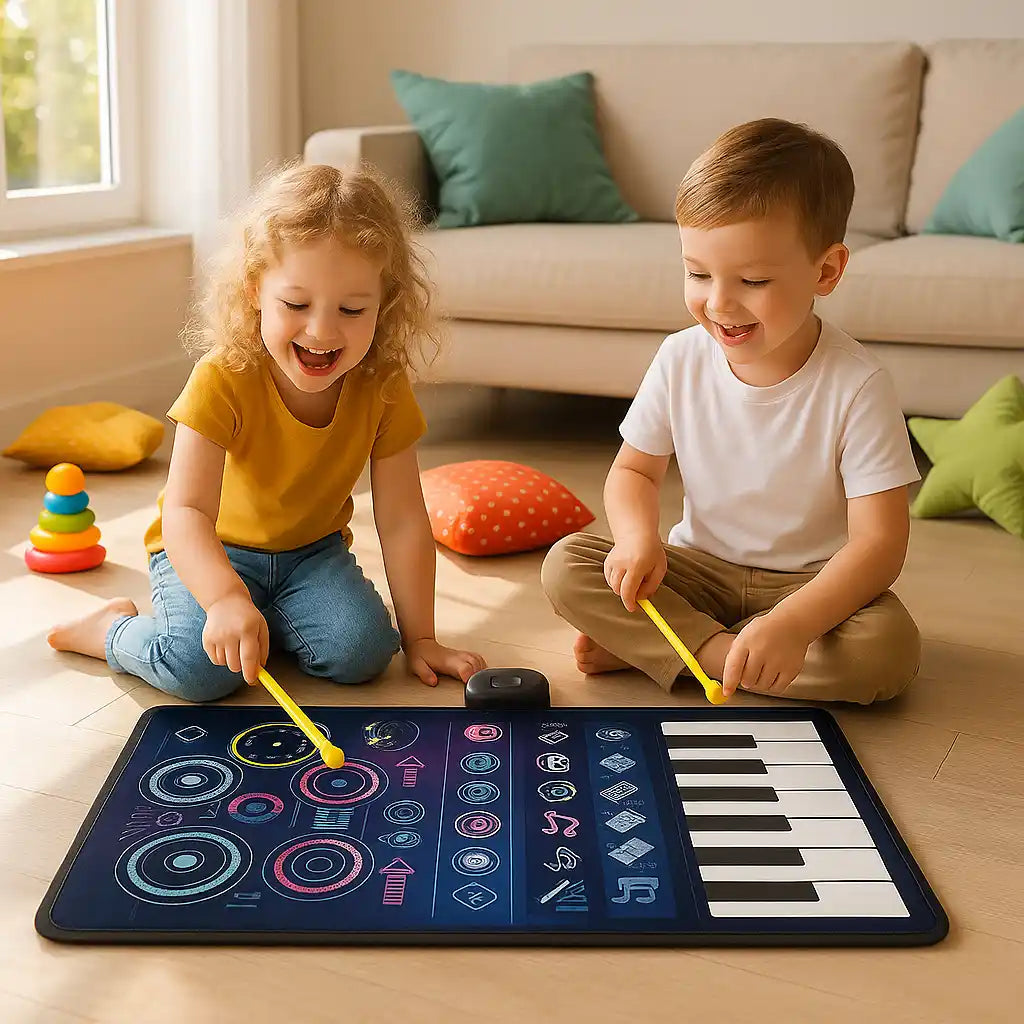 deux enfants jouant sur un tapis piano géant dans une chambre spacieuse ensoleillée