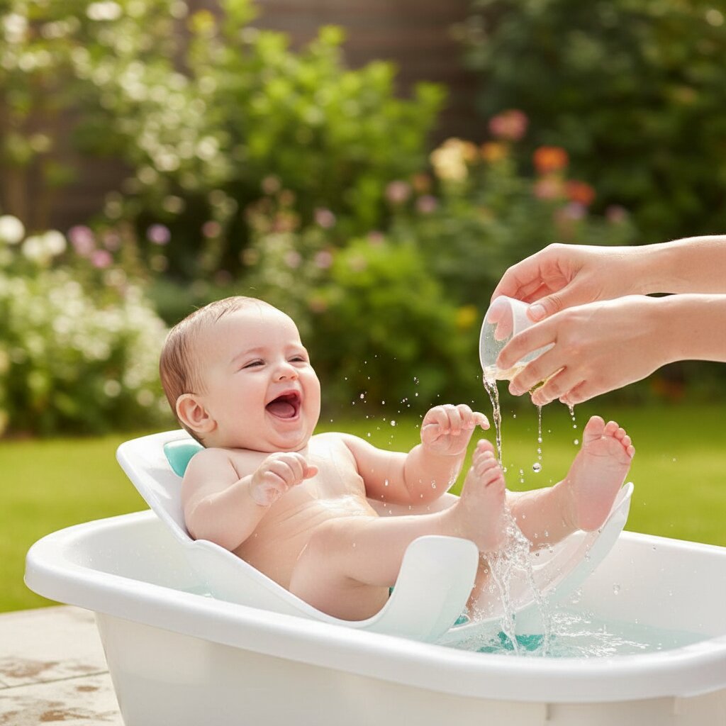 Bebe qui rit dans son transat de bain blanc et teal dans une baignoire en exterieur au jardin - Choupinoo
